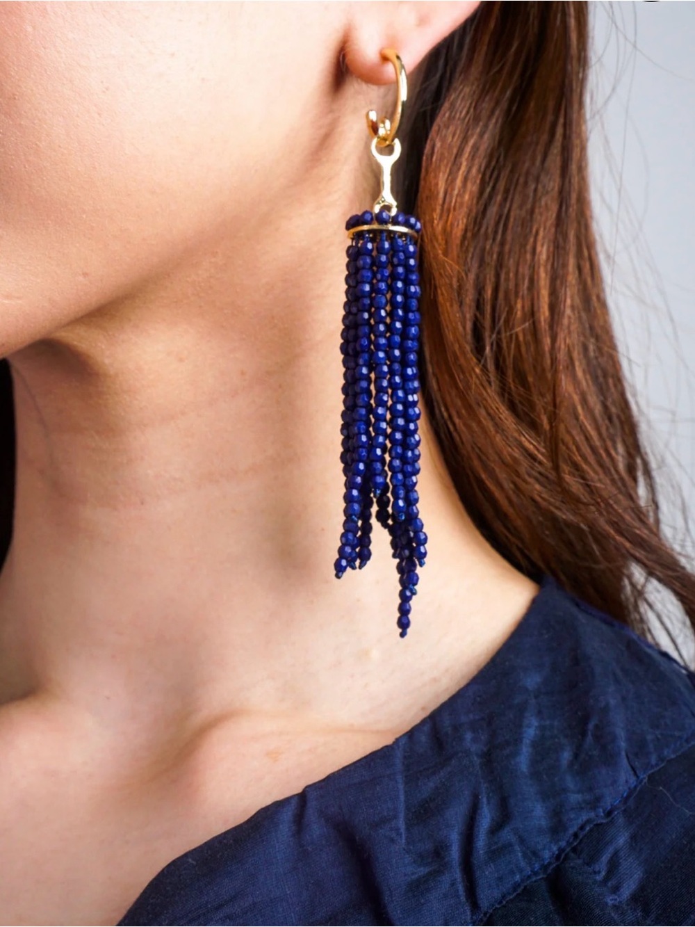 NWT ⚜️💙⚜️ ZARA Blue Beaded Statement Tassel Hoop Earrings